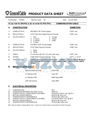 C4084A datasheet - 7C 22 7/30 TC SR-PVC & 2C 18 16/30 TC PVC PVC COMMUNICATION CABLE