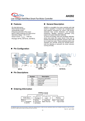 AH292 datasheet - Low Voltage Hall-Effect Smart Fan Motor Controller