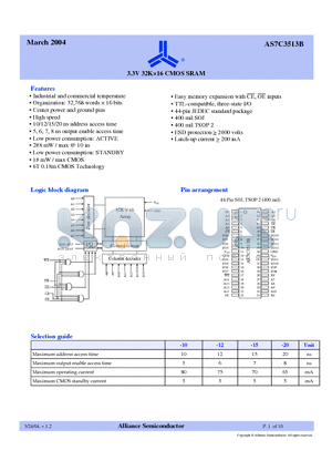 AS7C3513B-10JI datasheet - 3.3V 32K x 16 CMOS SRAM