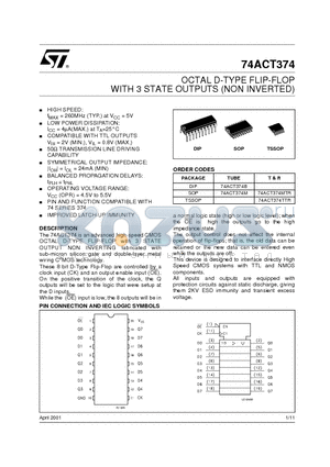 74ACT374 datasheet - OCTAL D-TYPE FLIP-FLOP WITH 3 STATE OUTPUTS (NON INVERTED)