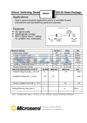 1N4607 datasheet - Silicon Switching Diode DO-35 Glass Package