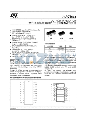 74ACT573 datasheet - OCTAL D-TYPE LATCH WITH 3 STATE OUTPUT NON INVERTING