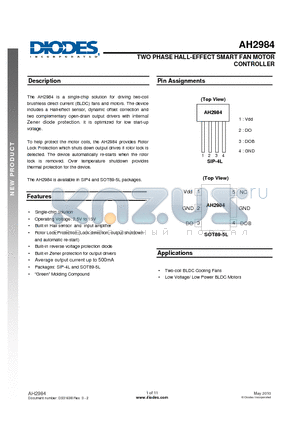 AH2984 datasheet - TWO PHASE HALL-EFFECT SMART FAN MOTOR CONTROLLER