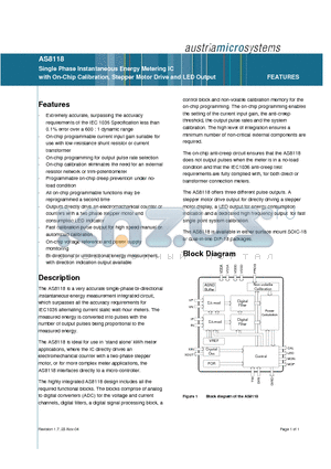 AS8118 datasheet - Single Phase Instantaneous Energy Metering IC with On-Chip Calibration, Stepper Motor Drive and LED Output