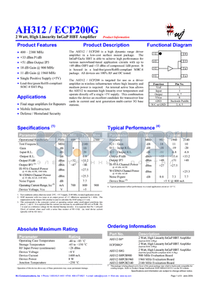 AH312-S8PCB1960 datasheet - 2 Watt, High Linearity InGaP HBT Amplifier