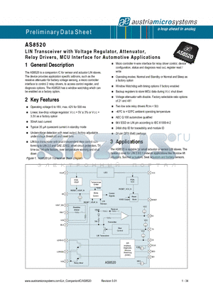 AS8520 datasheet - LIN Transceiver with Voltage Regulator, Attenuator, Relay Drivers, MCU Interface for Automotive Applications