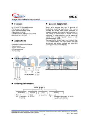 AH337A-L datasheet - Single Phase Hall Effect Switch