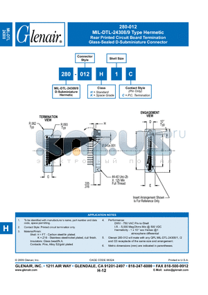 280-012H1C datasheet - Rear Printed Circuit Board Termination Glass-Sealed D-Subminiature Connector