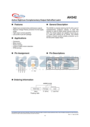 AH342 datasheet - Active High/Low Complementary Output Hall-effect Latch