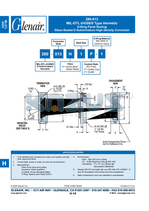 280-013H1P-2 datasheet - O-Ring Panel Sealing Glass-Sealed D-Subminiature High Density Connector