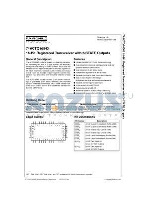 74ACTQ16543 datasheet - 16-Bit Registered Transceiver with 3-STATE Outputs