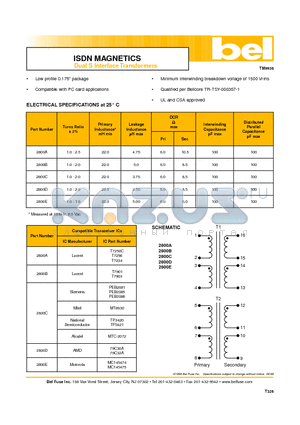 2800A datasheet - ISDN MAGNETICS Dual S Interface Transformers