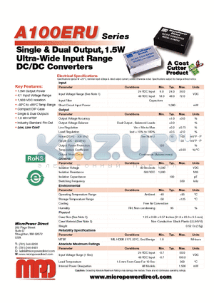 A105ERU datasheet - Single & Dual Output, 1.5W Ultra-Wide Input Range DC/DC Converters
