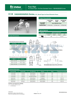 01000056 datasheet - Pb 100/445/030/520 Series, P.C. Board Type for 5mm Diameter Fuses