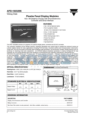 280109-16 datasheet - Plasma Panel Display Modules 192 x 96 Graphics Display with Drive Electronics Controller and Serial Interface