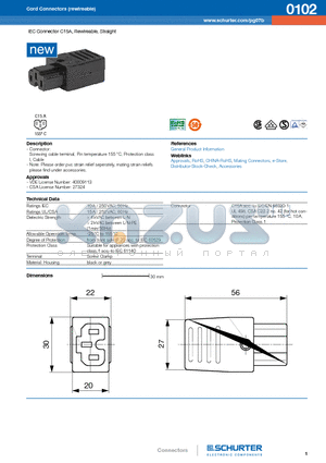 0102 datasheet - IEC Connector C15A, Rewireable, Straight
