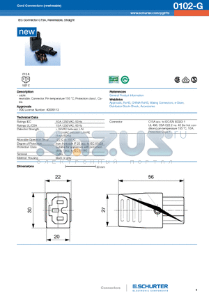 0102-G datasheet - IEC Connector C15A, Rewireable, Straight