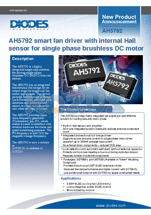 AH5792-YG-13 datasheet - AH5792 smart fan driver with internal Hall sensor for single phase brushless DC motor