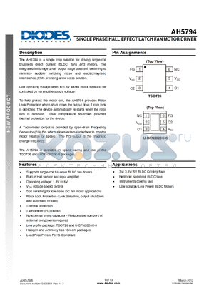 AH5794-WU-7 datasheet - SINGLE PHASE HALL EFFECT LATCH FAN MOTOR DRIVER