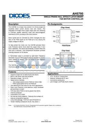 AH5795 datasheet - SINGLE PHASE HALL EFFECT LATCH SMART FAN MOTOR CONTROLLER