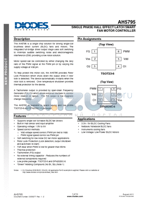 AH5795-WU-7 datasheet - SINGLE PHASE HALL EFFECT LATCH SMART FAN MOTOR CONTROLLER