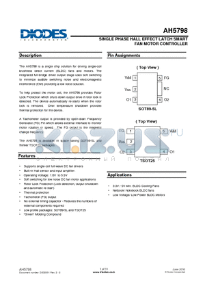 AH5798-WTG-7 datasheet - SINGLE PHASE HALL EFFECT LATCH SMART FAN MOTOR CONTROLLER