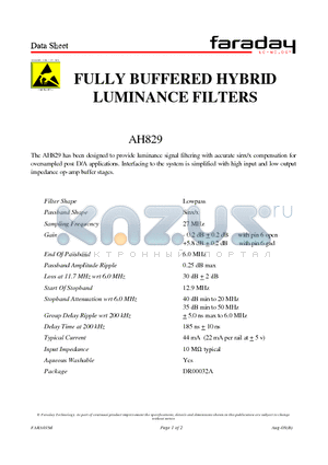 AH829 datasheet - FULLY BUFFERED HYBRID LUMINANCE FILTERS