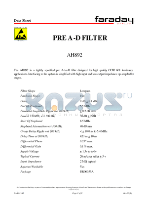 AH892 datasheet - PRE A-D FILTER