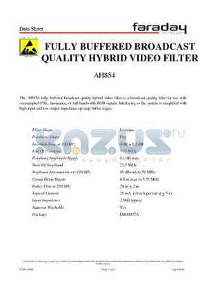 AH854 datasheet - FULLY BUFFERED BROADCAST QUALITY HYBRID VIDEO FILTER