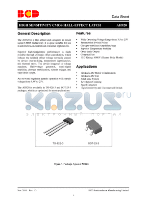 AH920Z3-G1 datasheet - HIGH SENSITIVITY CMOS HALL-EFFECT LATCH