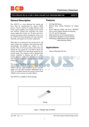 AH9279Z4-G1 datasheet - TWO PHASE DUAL-COIL COMS SMART FAN MOTOR DRIVER