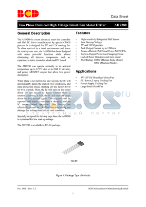 AH9280Z4-G1 datasheet - Two Phase Dual-coil High Voltage Smart Fan Motor Driver