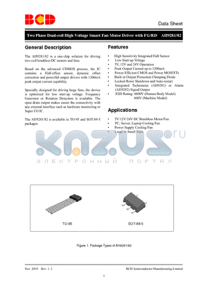 AH9281Z5-G1 datasheet - Two Phase Dual-coil High Voltage Smart Fan Motor Driver with FG/RD