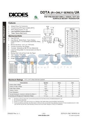 DDTA113TUA_1 datasheet - PNP PRE-BIASED SMALL SIGNAL SOT-323 SURFACE MOUNT TRANSISTOR