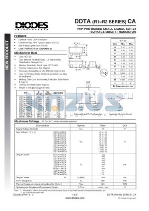 DDTA113ZCA datasheet - PNP PRE-BIASED SMALL SIGNAL SOT-23 SURFACE MOUNT TRANSISTOR