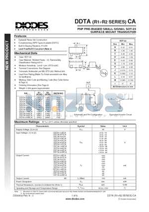DDTA113ZCA-7-F datasheet - PNP PRE-BIASED SMALL SIGNAL SOT-23 SURFACE MOUNT TRANSISTOR