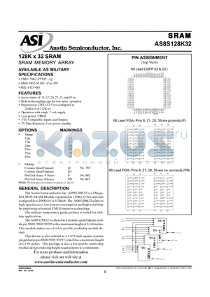 AS8S128K32P-20/XT datasheet - 128K x 32 SRAM SRAM MEMORY ARRAY