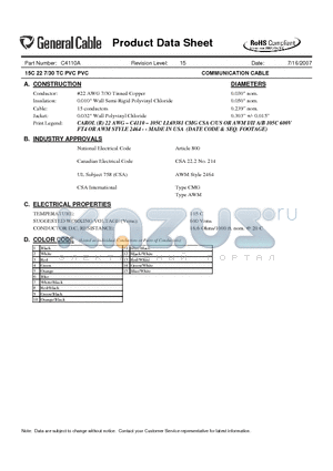 C4110A datasheet - 15C 22 7/30 TC PVC PVC COMMUNICATION CABLE