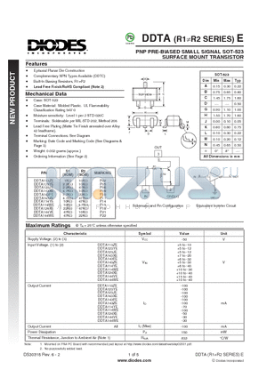 DDTA113ZE_1 datasheet - PNP PRE-BIASED SMALL SIGNAL SOT-523 SURFACE MOUNT TRANSISTOR