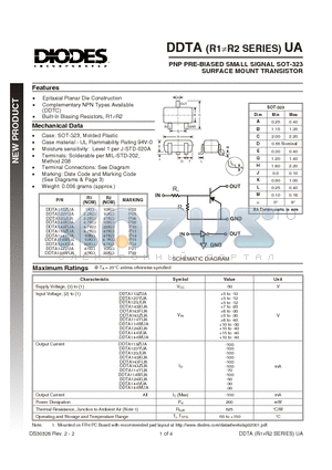 DDTA113ZUA datasheet - PNP PRE-BIASED SMALL SIGNAL SOT-323 SURFACE MOUNT TRANSISTOR