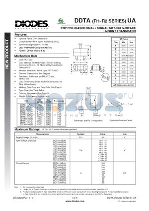 DDTA113ZUA datasheet - PNP PRE-BIASED SMALL SIGNAL SOT-323 SURFACE MOUNT TRANSISTOR