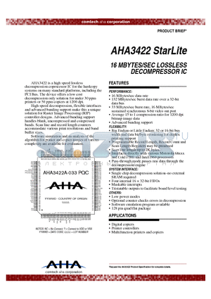AHA3422A-033PQC datasheet - 16 MBYTES/SEC LOSSLESS DECOMPRESSOR IC