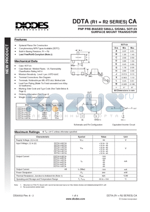 DDTA114ECA-7-F datasheet - PNP PRE-BIASED SMALL SIGNAL SOT-23 SURFACE MOUNT TRANSISTOR