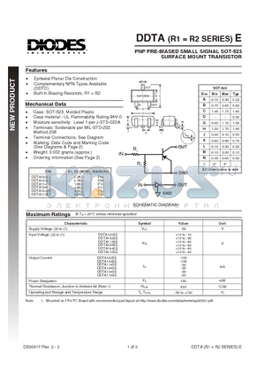 DDTA114EE datasheet - PNP PRE-BIASED SMALL SIGNAL SOT-523  SURFACE MOUNT TRANSISTOR