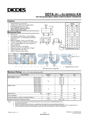 DDTA114EKA datasheet - PNP PRE-BIASED SMALL SIGNAL SURFACE MOUNT TRANSISTOR