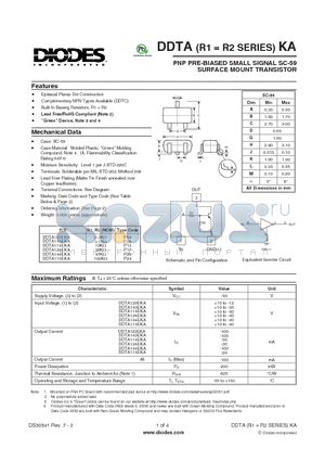 DDTA114EKA-7-F datasheet - PNP PRE-BIASED SMALL SIGNAL SC-59 SURFACE MOUNT TRANSISTOR