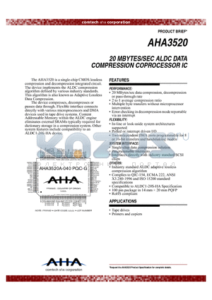 AHA3520 datasheet - 20 MBYTES/SEC ALDC DATA COMPRESSION COPROCESSOR IC