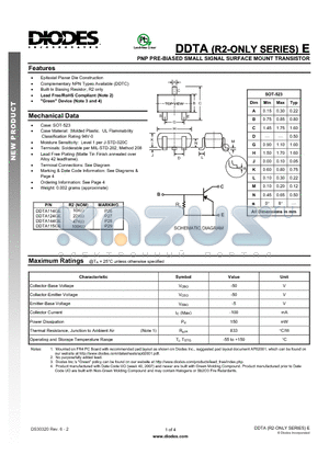 DDTA114GE_2 datasheet - PNP PRE-BIASED SMALL SIGNAL SURFACE MOUNT TRANSISTOR