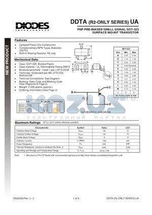 DDTA114GUA datasheet - PNP PRE-BIASED SMALL SIGNAL SOT-323 SURFACE MOUNT TRANSISTOR