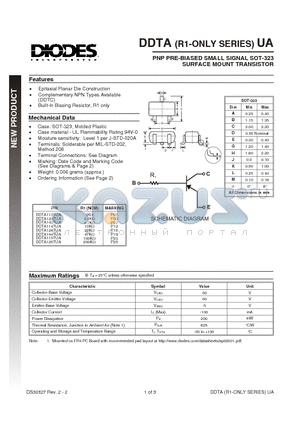 DDTA114TUA datasheet - PNP PRE-BIASED SMALL SIGNAL SOT-323 SURFACE MOUNT TRANSISTOR